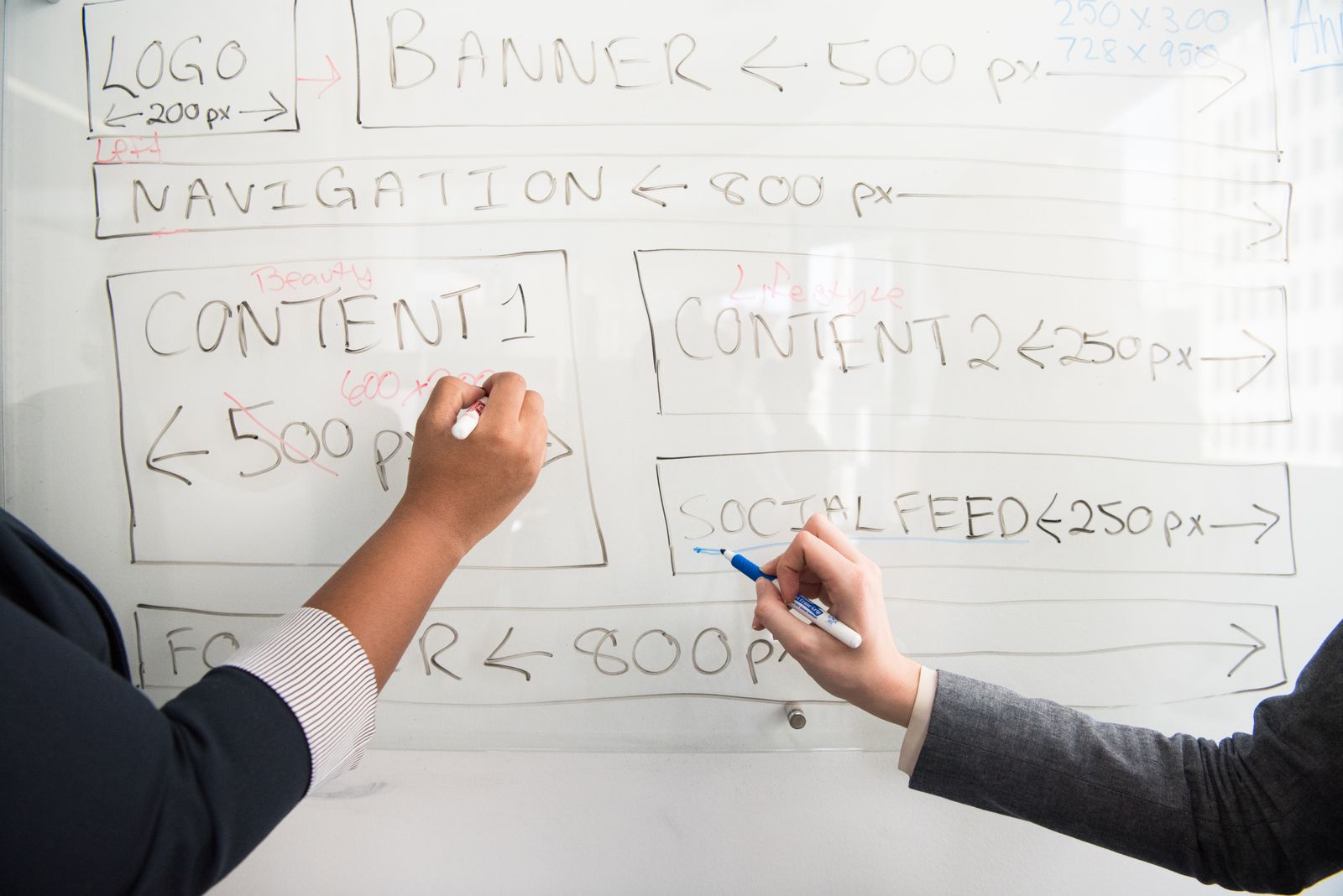 Colleagues mapping a digital workflow together on a whiteboard