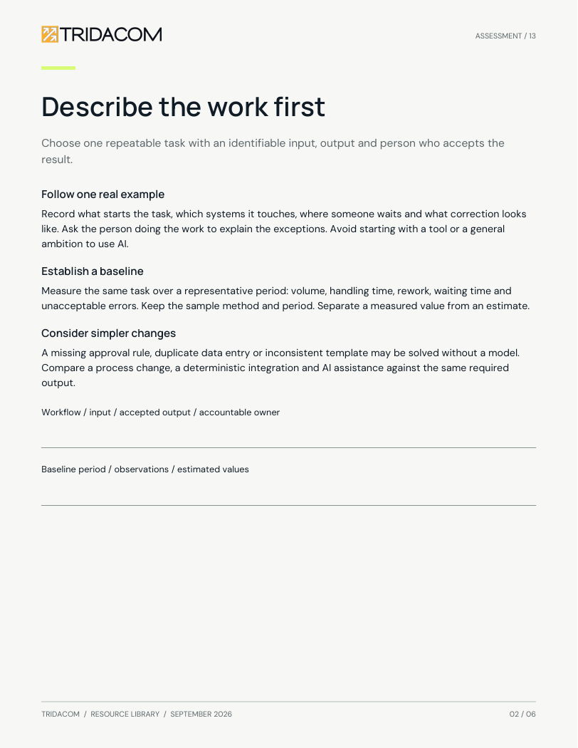 Sample page from Find the workflow worth improving. A clear workflow and baseline. Enlarge to read the worksheet.