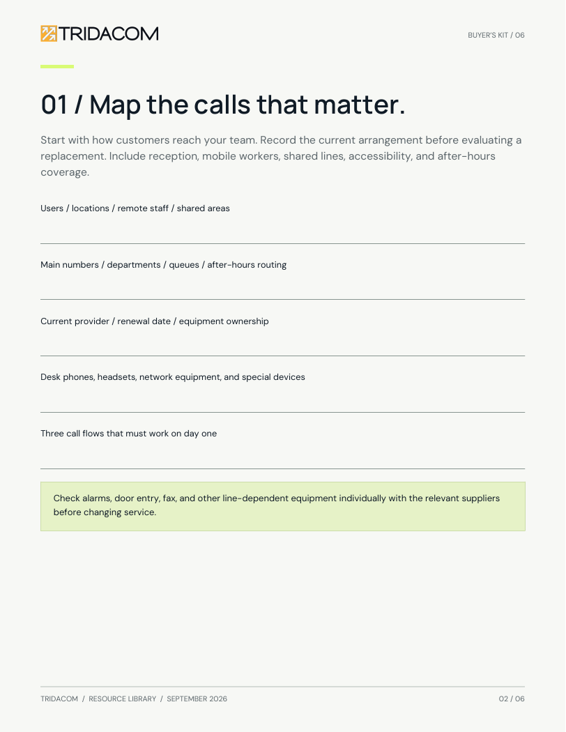 Sample page from Make the right call for your team. Map users, numbers, and critical call flows. Enlarge to read the worksheet.