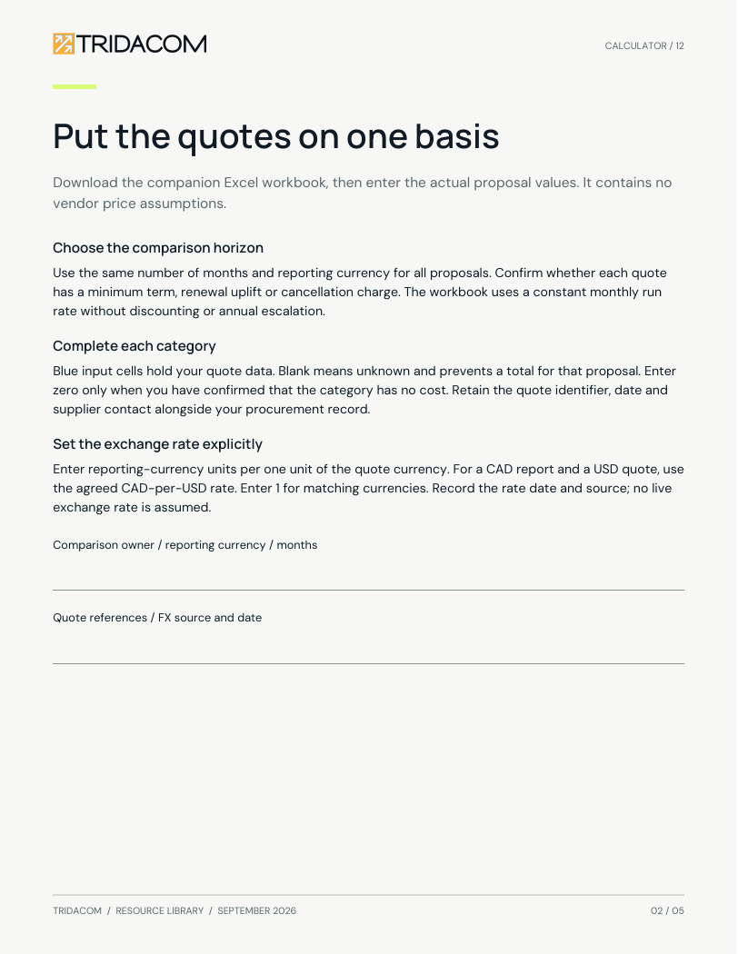 Sample page from Compare the complete phone cost. Three proposals on the same cost basis. Enlarge to read the worksheet.