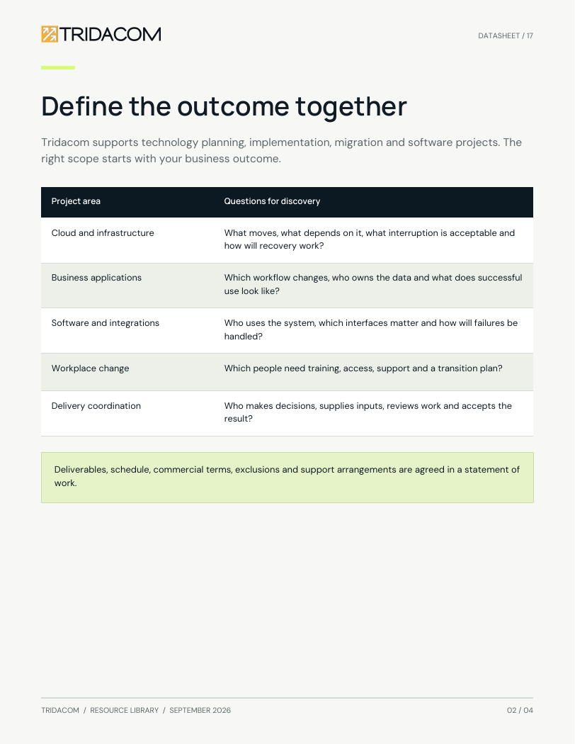 Sample page from Turn a technology change into a clear project. A useful project brief. Enlarge to read the worksheet.