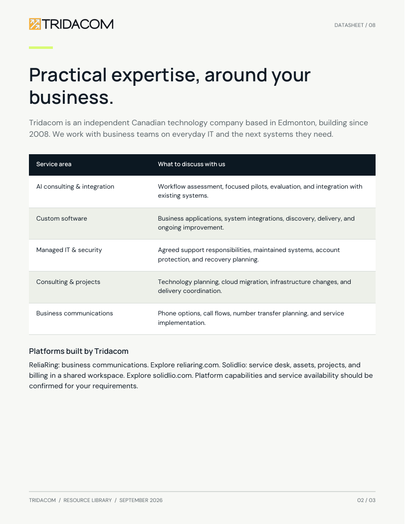 Sample page from Technology expertise. Connected.. See the service areas in one place. Enlarge to read the worksheet.